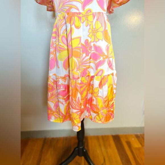 MittoShop Floral Smocked Dress Large Pink Yellow Boho Mini/Knee Length NWT - Picture 4 of 10